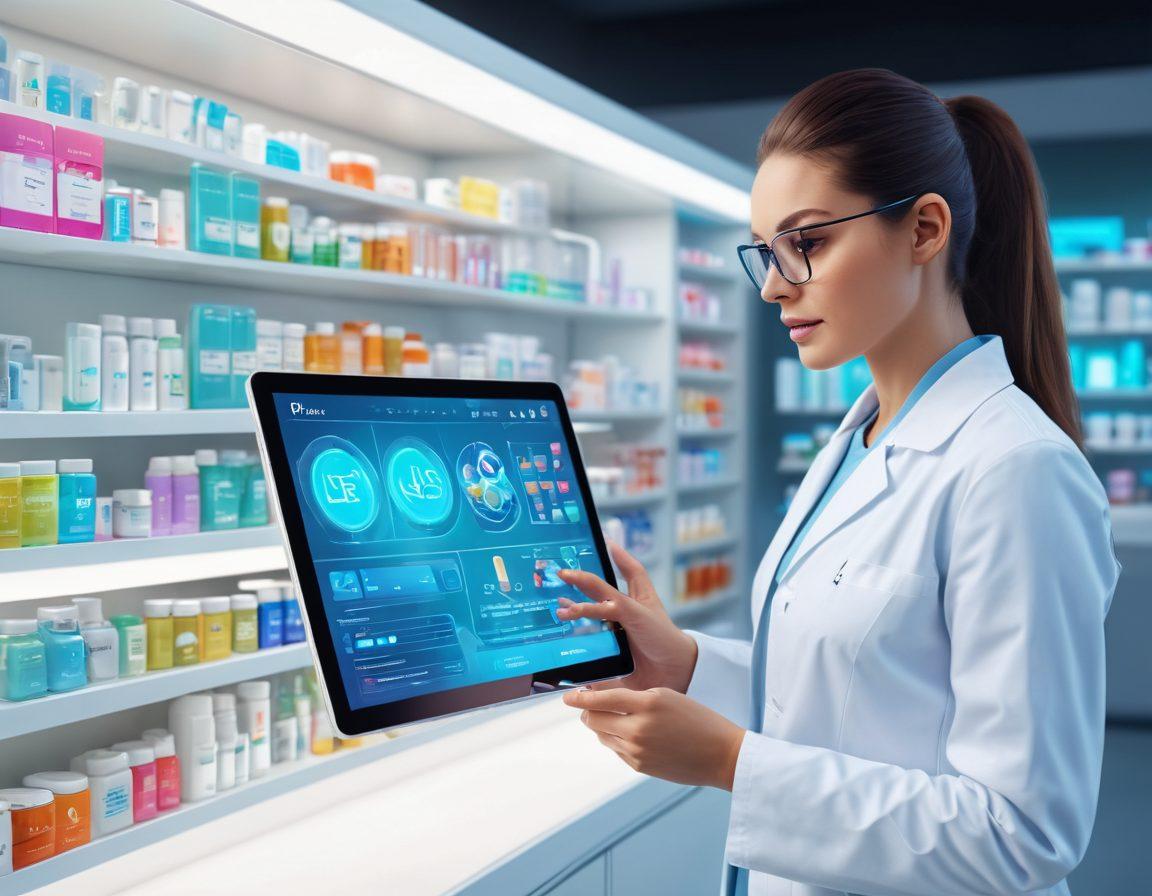 A futuristic e-pharmacy interface integrated within a sleek, modern tablet held by a user. Display shelves with diverse medicine options, including digital notifications for prescriptions. A holographic pharmacist assisting via the screen. Vibrant colors, super-realistic, 3D modern tech setting.